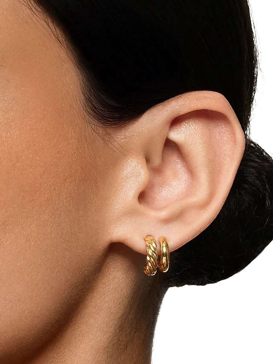 David Yurman Women's Mercer Double Hoop Huggie Earrings in 18K Yellow Gold, 13.5MM - Gold | Thumbnail 2