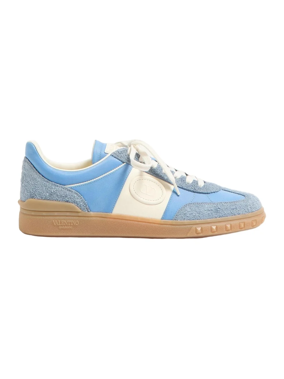 Valentino Men's Men's Upvillage Low Top Sneakers in Crust Leather and Nylon - Azure Ivory