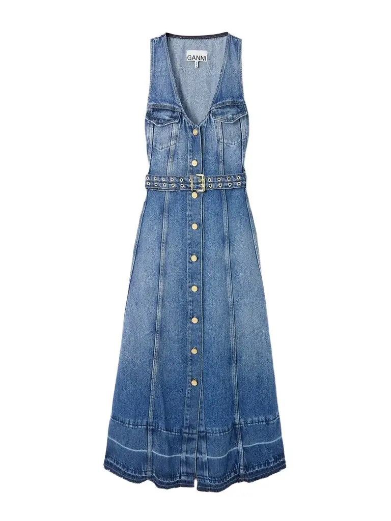 Ganni Belted Frayed Denim Midi Dress | Thumbnail 1 Ganni Belted Frayed Denim Midi Dress | Thumbnail 1
