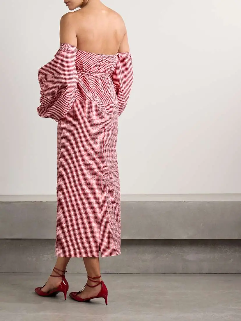 Rosie Assoulin Off-the-shoulder Gingham Cotton-seersucker Midi Dress | Thumbnail 3 Rosie Assoulin Off-the-shoulder Gingham Cotton-seersucker Midi Dress | Thumbnail 3