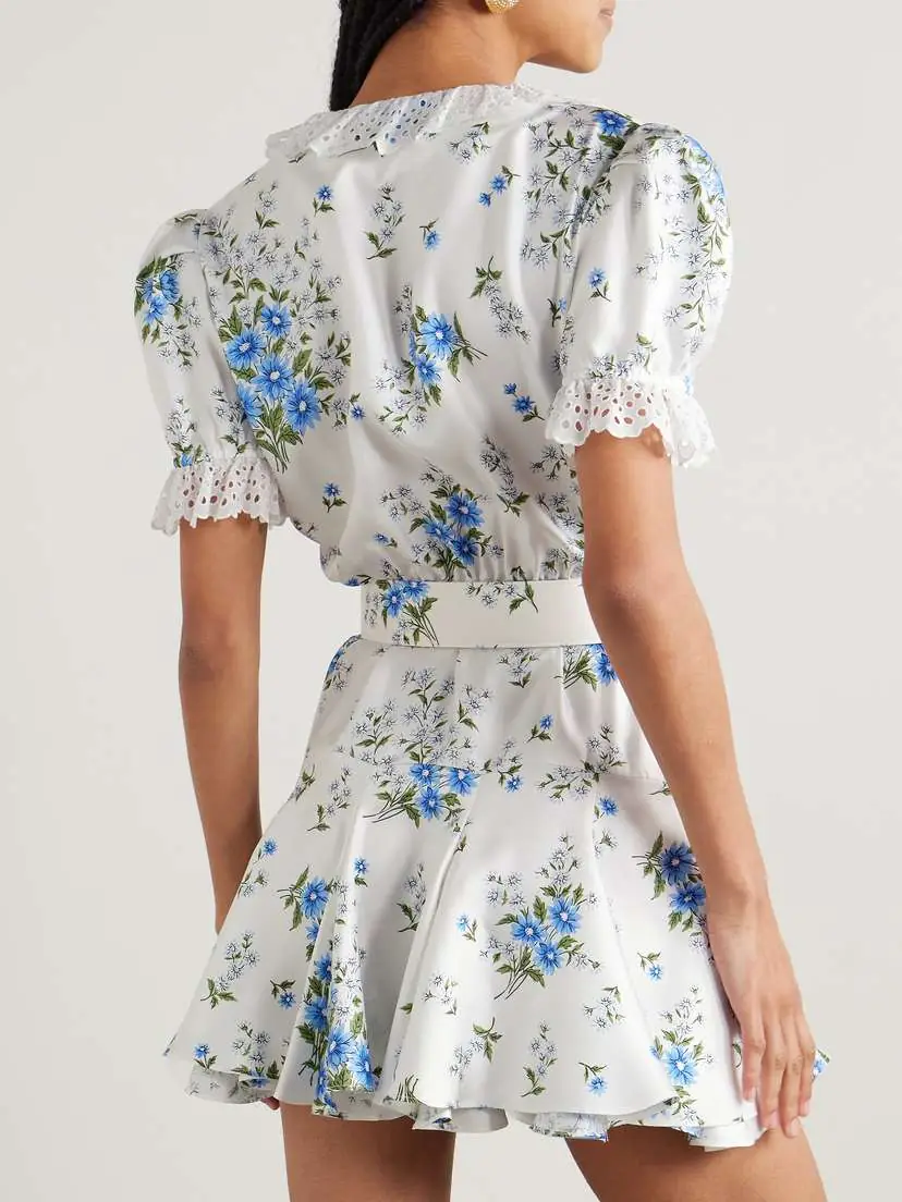 Rodarte Belted Broderie Anglaise Cotton-trimmed Floral-print Silk-twill Mini Dress | Thumbnail 3 Rodarte Belted Broderie Anglaise Cotton-trimmed Floral-print Silk-twill Mini Dress | Thumbnail 3