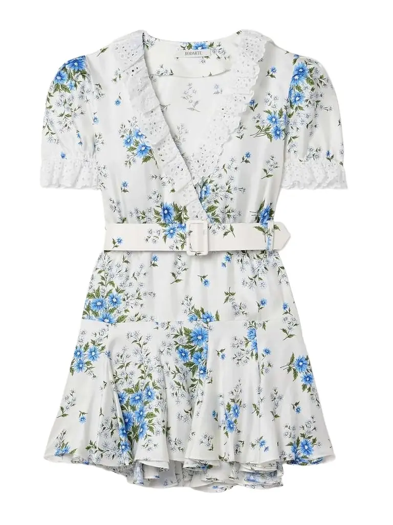 Rodarte Belted Broderie Anglaise Cotton-trimmed Floral-print Silk-twill Mini Dress | Thumbnail 1 Rodarte Belted Broderie Anglaise Cotton-trimmed Floral-print Silk-twill Mini Dress | Thumbnail 1