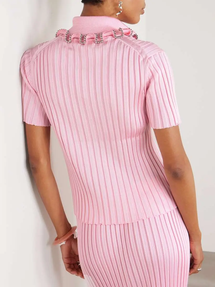Jil Sander Bead-embellished Ribbed-knit Polo Shirt | Thumbnail 3 Jil Sander Bead-embellished Ribbed-knit Polo Shirt | Thumbnail 3