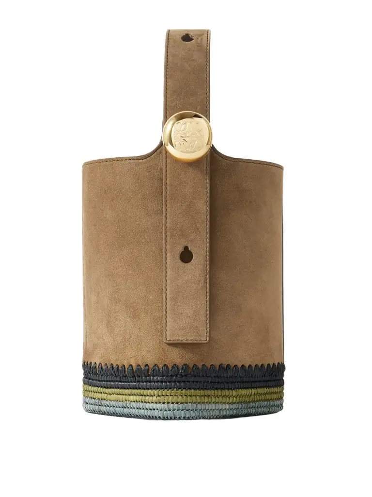 Loewe + Paula's Ibiza Pebble Mini Striped Raffia-trimmed Suede Tote | Thumbnail 1 Loewe + Paula's Ibiza Pebble Mini Striped Raffia-trimmed Suede Tote | Thumbnail 1