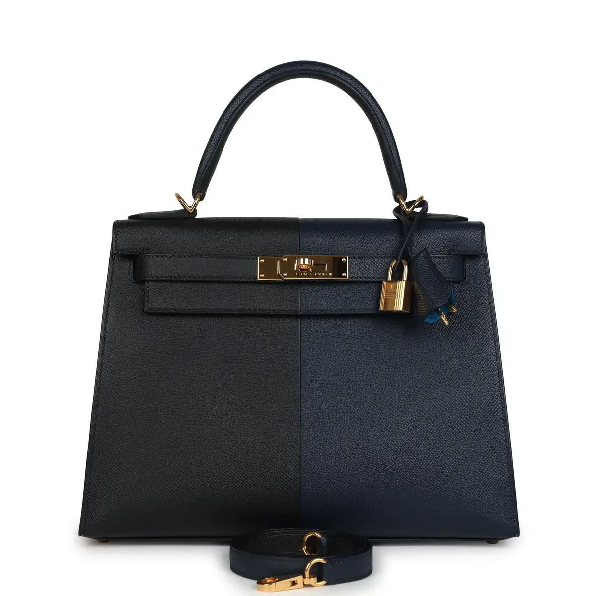 HERMÈS Pre-owned Hermes Kelly Sellier 28 Casaque Bleu Indigo, Black, Bleu Frida Epsom Palladium Hardware | Thumbnail 1 HERMÈS Pre-owned Hermes Kelly Sellier 28 Casaque Bleu Indigo, Black, Bleu Frida Epsom Palladium Hardware | Thumbnail 1