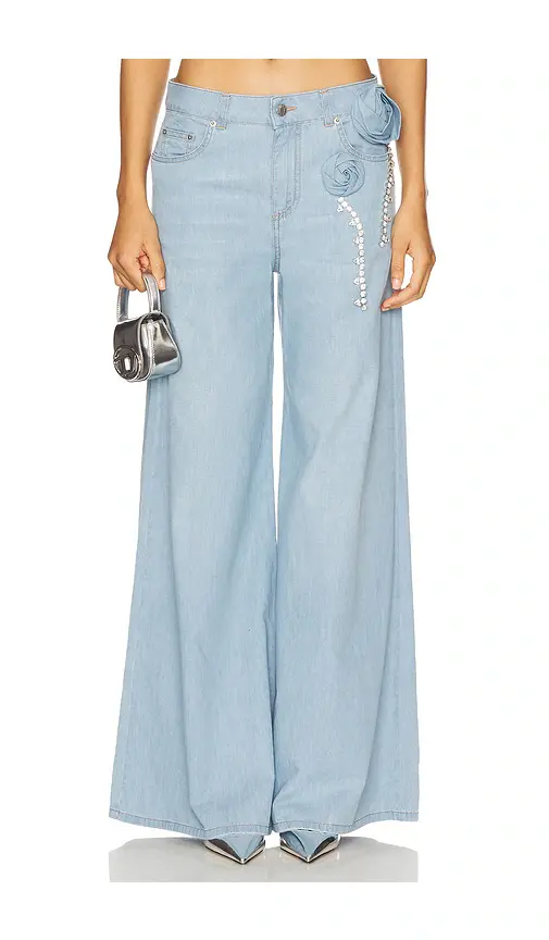 AREA Crystal Rosette Wide Leg Jeans