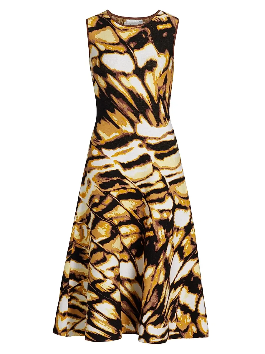 Oscar de la Renta Women's Butterfly Jacquard-Knit Crewneck Midi-Dress - Black Multi | Image 1 Oscar de la Renta Women's Butterfly Jacquard-Knit Crewneck Midi-Dress - Black Multi | Image 1