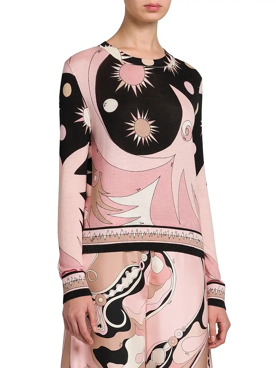 Pucci Women's Wool-Silk Intarsia Crewneck Sweater - Natural Nero | Thumbnail 4 Pucci Women's Wool-Silk Intarsia Crewneck Sweater - Natural Nero | Thumbnail 4