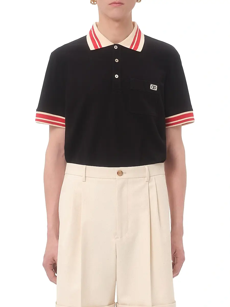 Valentino Men's Cotton Piqué Polo Shirt with VLogo Patch - Black | Thumbnail 2 Valentino Men's Cotton Piqué Polo Shirt with VLogo Patch - Black | Thumbnail 2