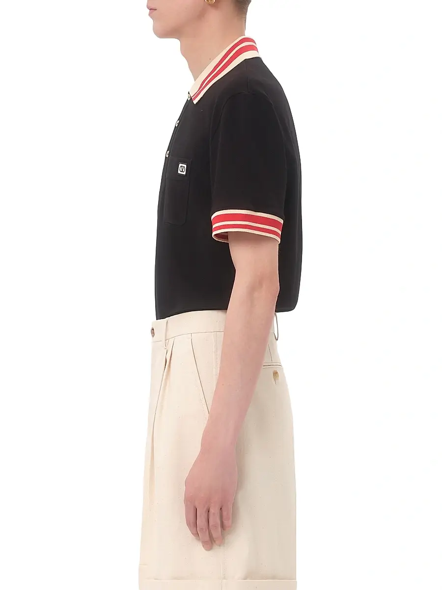 Valentino Men's Cotton Piqué Polo Shirt with VLogo Patch - Black | Thumbnail 3 Valentino Men's Cotton Piqué Polo Shirt with VLogo Patch - Black | Thumbnail 3