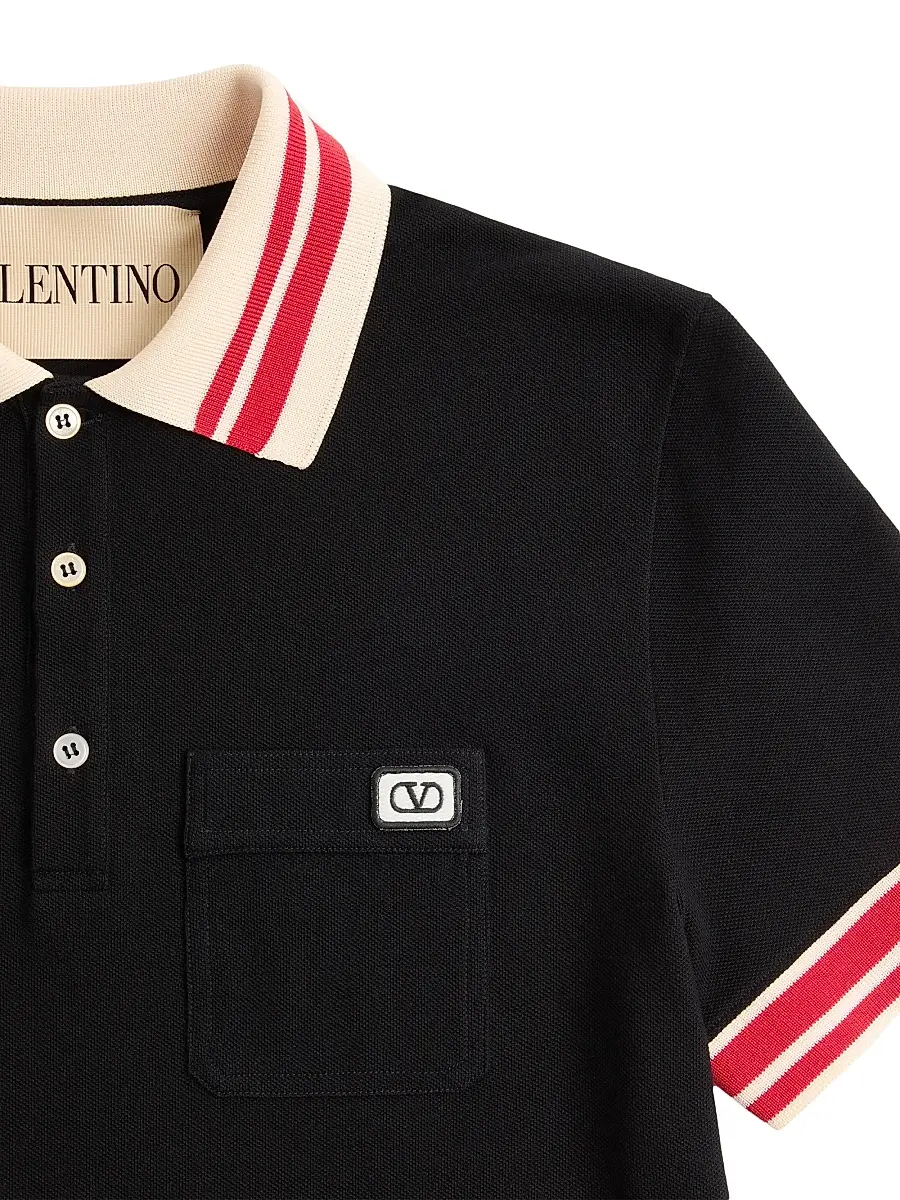 Valentino Men's Cotton Piqué Polo Shirt with VLogo Patch - Black | Thumbnail 6 Valentino Men's Cotton Piqué Polo Shirt with VLogo Patch - Black | Thumbnail 6