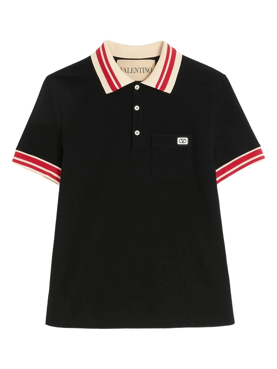 Men's Cotton Piqué Polo Shirt with VLogo Patch - Black Men's Cotton Piqué Polo Shirt with VLogo Patch - Black