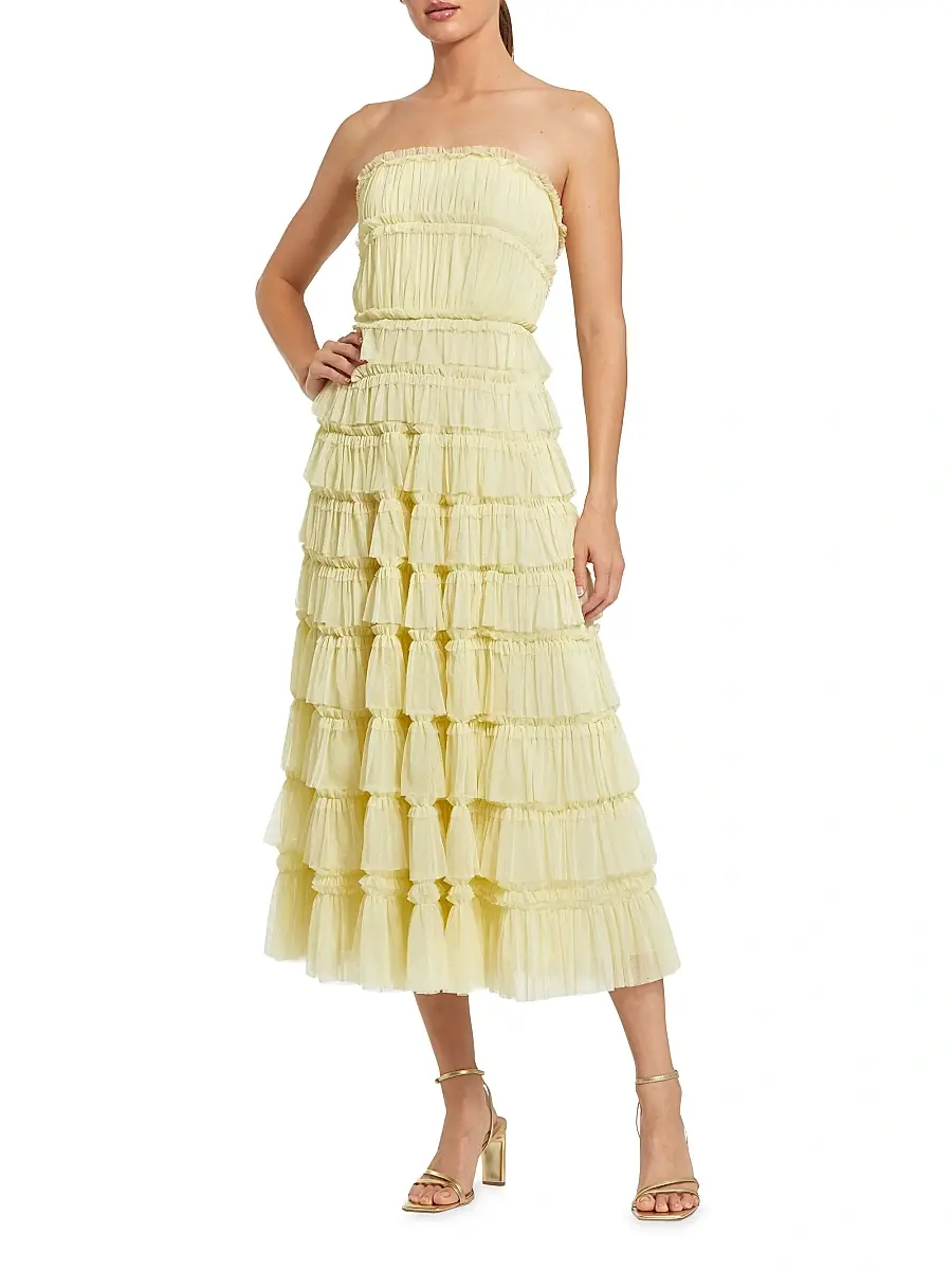 Mac Duggal Women's Mesh Ruffled Strapless Midi-Dress - Buttercup | Image 1 Mac Duggal Women's Mesh Ruffled Strapless Midi-Dress - Buttercup | Image 1