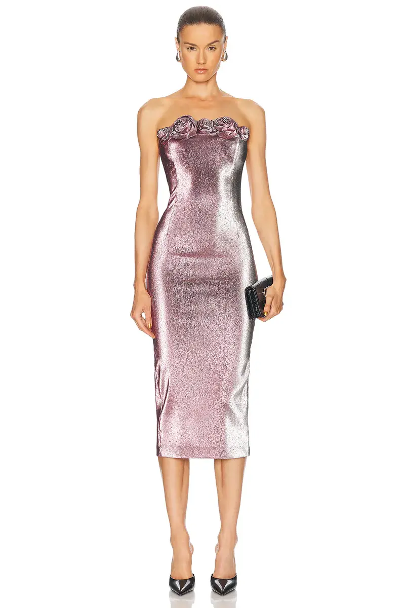 AREA Stretch Lame Rosette Midi Dress | Image 1 AREA Stretch Lame Rosette Midi Dress | Image 1