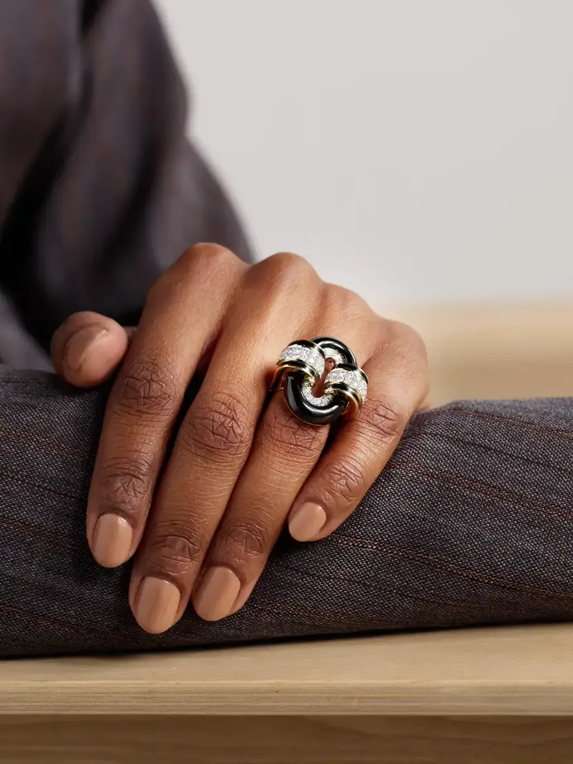 DAVID WEBB Small Oval Buckle 18-karat Gold, Platinum, Onyx, Diamond And Enamel Ring | Thumbnail 2 DAVID WEBB Small Oval Buckle 18-karat Gold, Platinum, Onyx, Diamond And Enamel Ring | Thumbnail 2