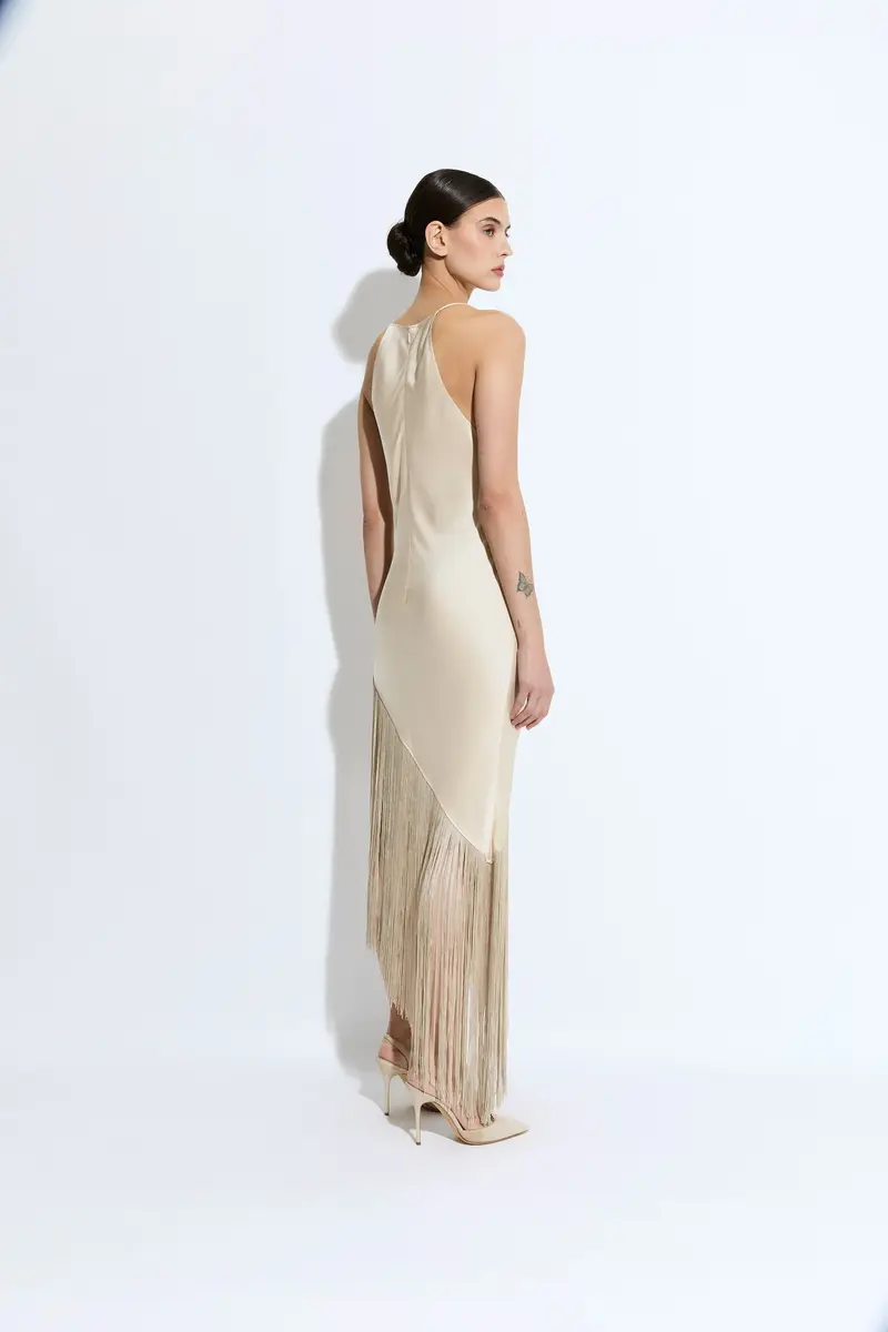 LAPOINTE Satin Cowl Neck Fringe Dress | Thumbnail 2