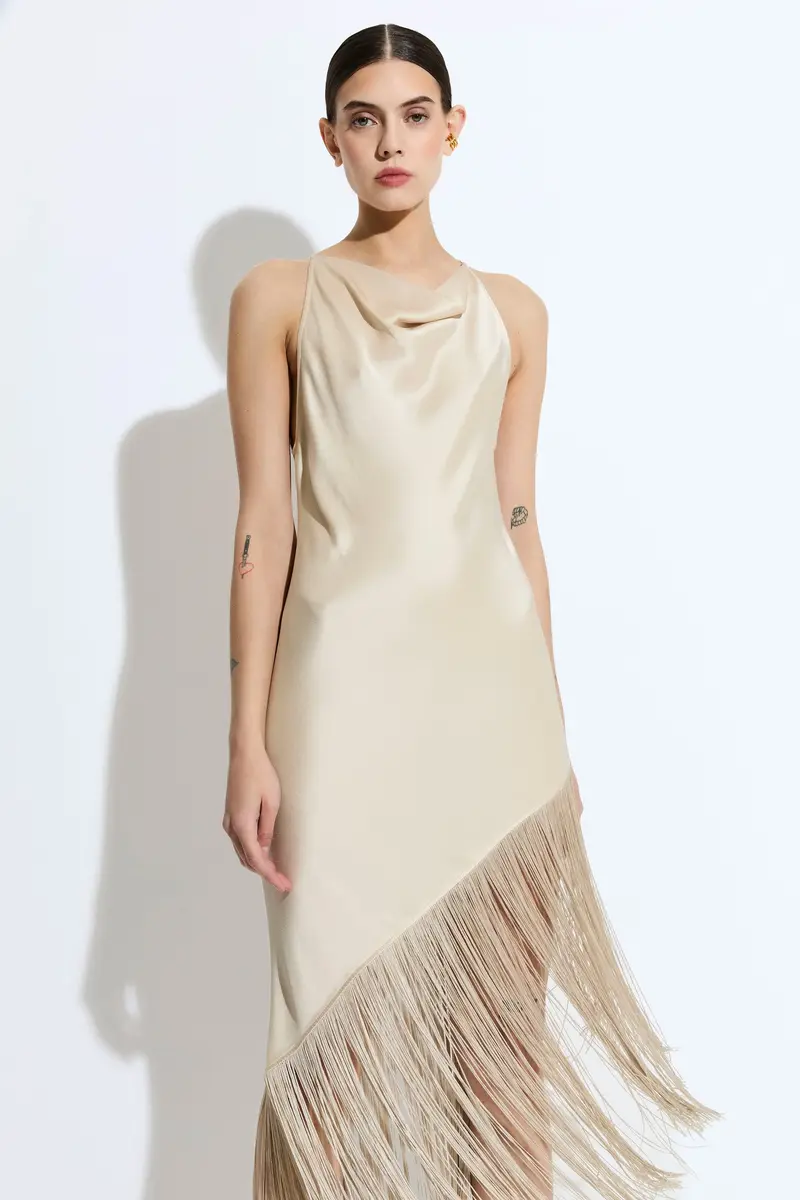 LAPOINTE Satin Cowl Neck Fringe Dress | Thumbnail 3