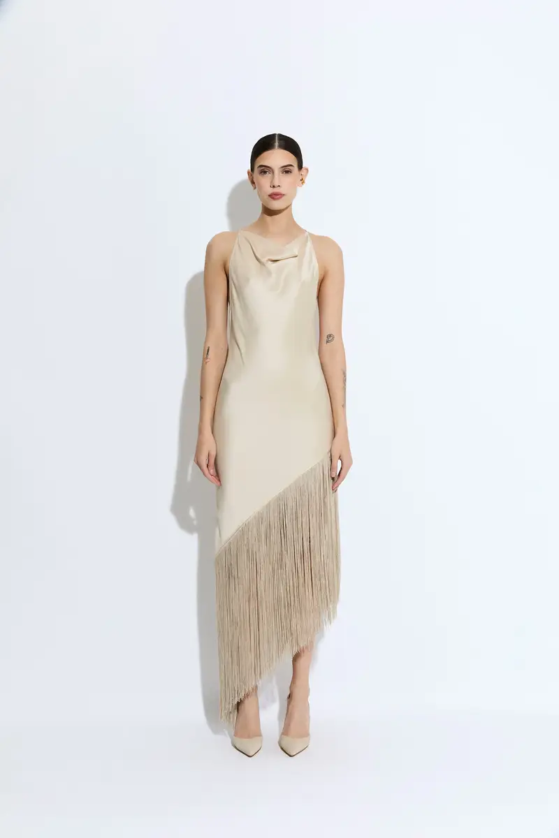 Satin Cowl Neck Fringe Dress