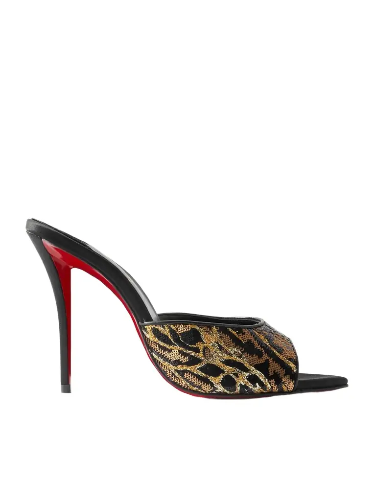 Christian Louboutin Miss Z Ocelot Lurex And Leather-trimmed Sequined Satin Mules | Image 1 Christian Louboutin Miss Z Ocelot Lurex And Leather-trimmed Sequined Satin Mules | Image 1