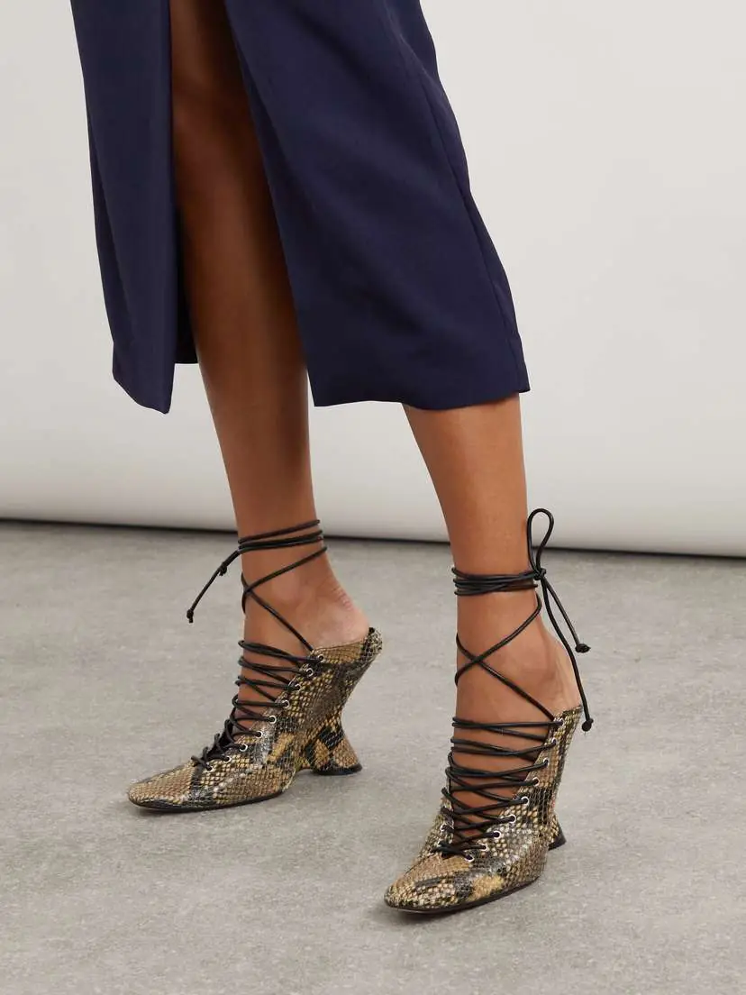 Dries Van Noten Lace-up Snake-effect Leather Wedge Pumps | Thumbnail 2