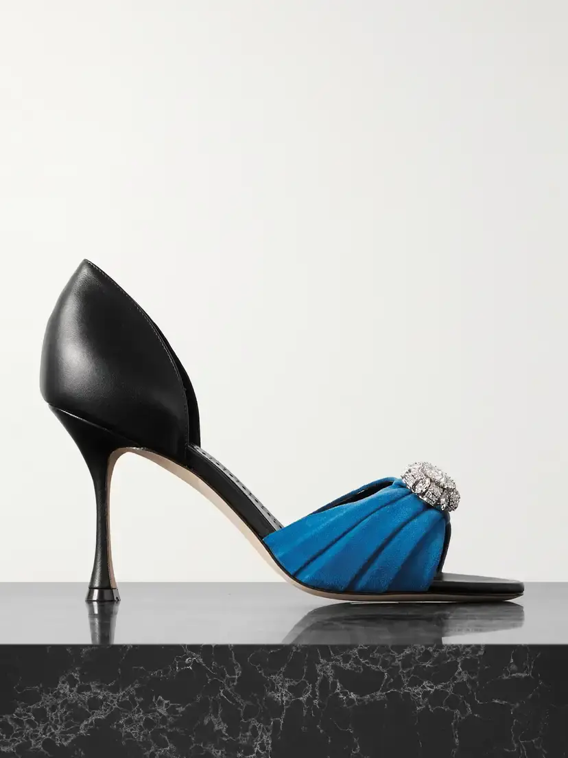 Manolo Blahnik Ansak 90 Crystal-embellished Pleated Suede And Leather Pumps | Image 1 Manolo Blahnik Ansak 90 Crystal-embellished Pleated Suede And Leather Pumps | Image 1