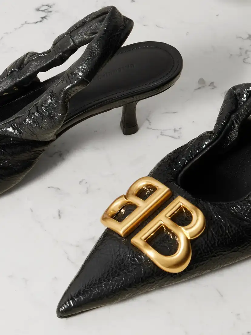 Balenciaga Monaco Logo-embellished Crinkled-leather Slingback Pumps | Thumbnail 4