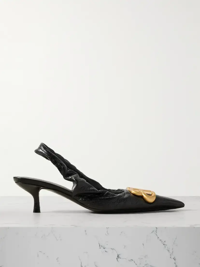 Balenciaga Monaco Logo-embellished Crinkled-leather Slingback Pumps | Image 1 Balenciaga Monaco Logo-embellished Crinkled-leather Slingback Pumps | Image 1