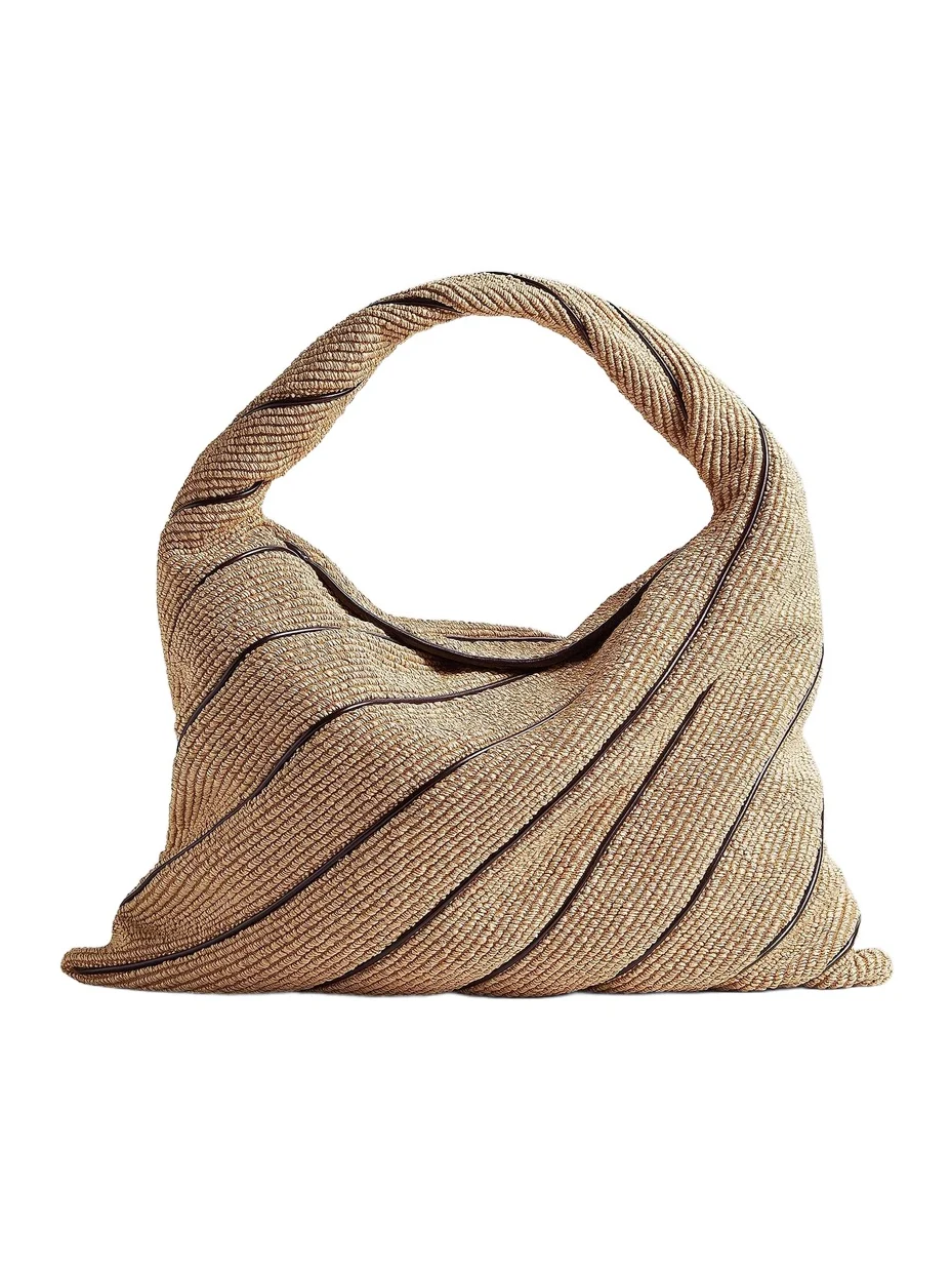 Women's Large Hop Leather-Striped Raffia Shoulder Bag Women's Large Hop Leather-Striped Raffia Shoulder Bag