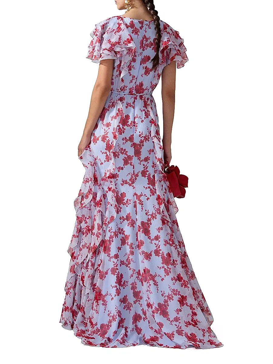 Carolina Herrera Women's Cabana Floral Silk Ruffled V-Neck Gown - Celeste Multi | Thumbnail 3 Carolina Herrera Women's Cabana Floral Silk Ruffled V-Neck Gown - Celeste Multi | Thumbnail 3