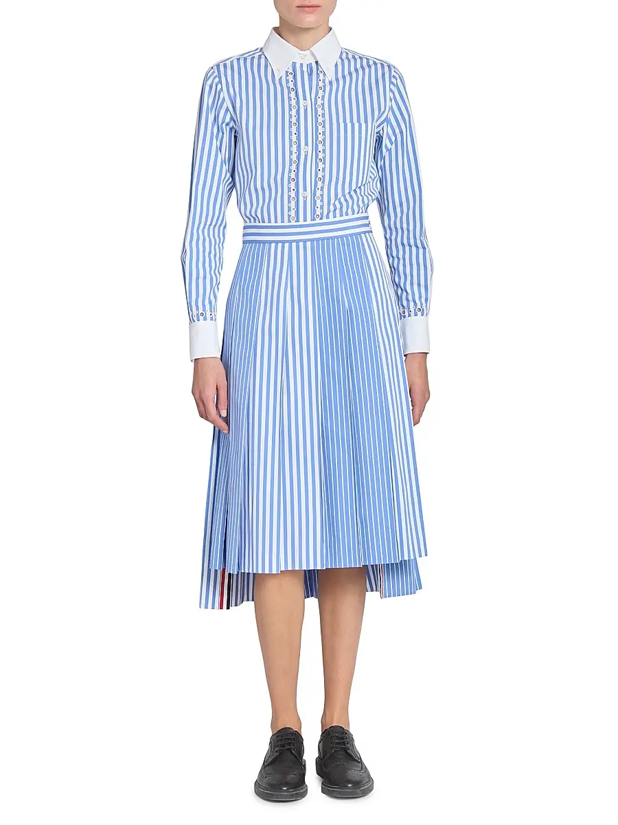 Thom Browne Women's Striped Pleated Cotton Midi-Skirt - Medium Blue | Thumbnail 2 Thom Browne Women's Striped Pleated Cotton Midi-Skirt - Medium Blue | Thumbnail 2