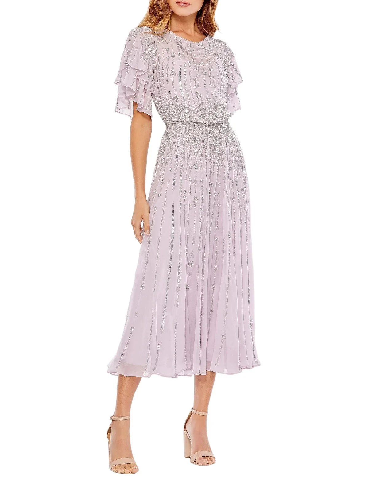 Women's High Neck Flutter-Sleeve Embellished Dress