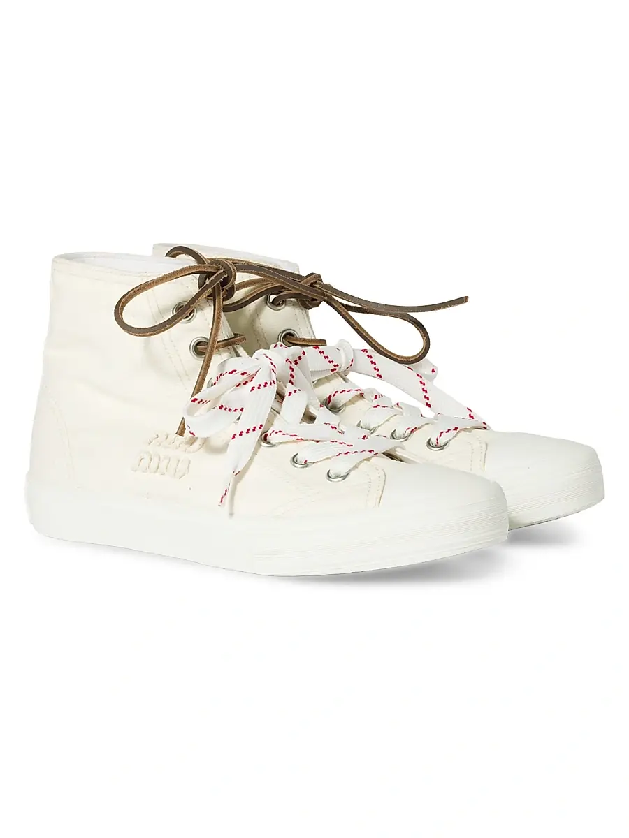 Miu Miu Women's Washed Denim High-Top Sneakers - Beige Khaki | Thumbnail 2 Miu Miu Women's Washed Denim High-Top Sneakers - Beige Khaki | Thumbnail 2