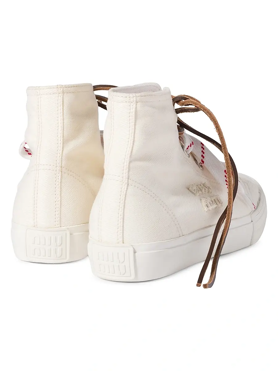 Miu Miu Women's Washed Denim High-Top Sneakers - Beige Khaki | Thumbnail 3 Miu Miu Women's Washed Denim High-Top Sneakers - Beige Khaki | Thumbnail 3