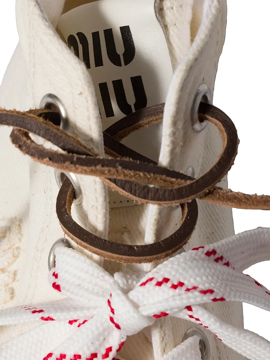 Miu Miu Women's Washed Denim High-Top Sneakers - Beige Khaki | Thumbnail 4 Miu Miu Women's Washed Denim High-Top Sneakers - Beige Khaki | Thumbnail 4