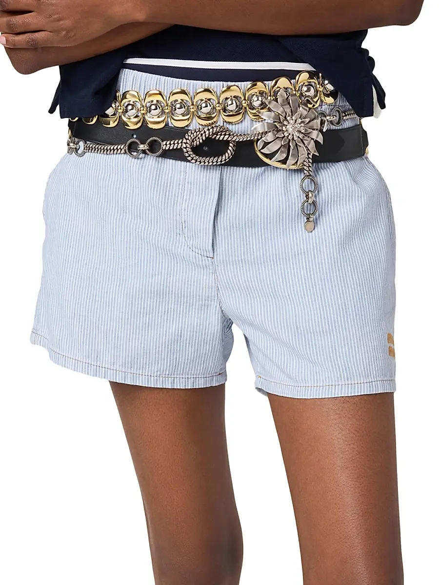 Miu Miu Women's Striped Chambray Bermudas - Blue Multi | Thumbnail 2 Miu Miu Women's Striped Chambray Bermudas - Blue Multi | Thumbnail 2