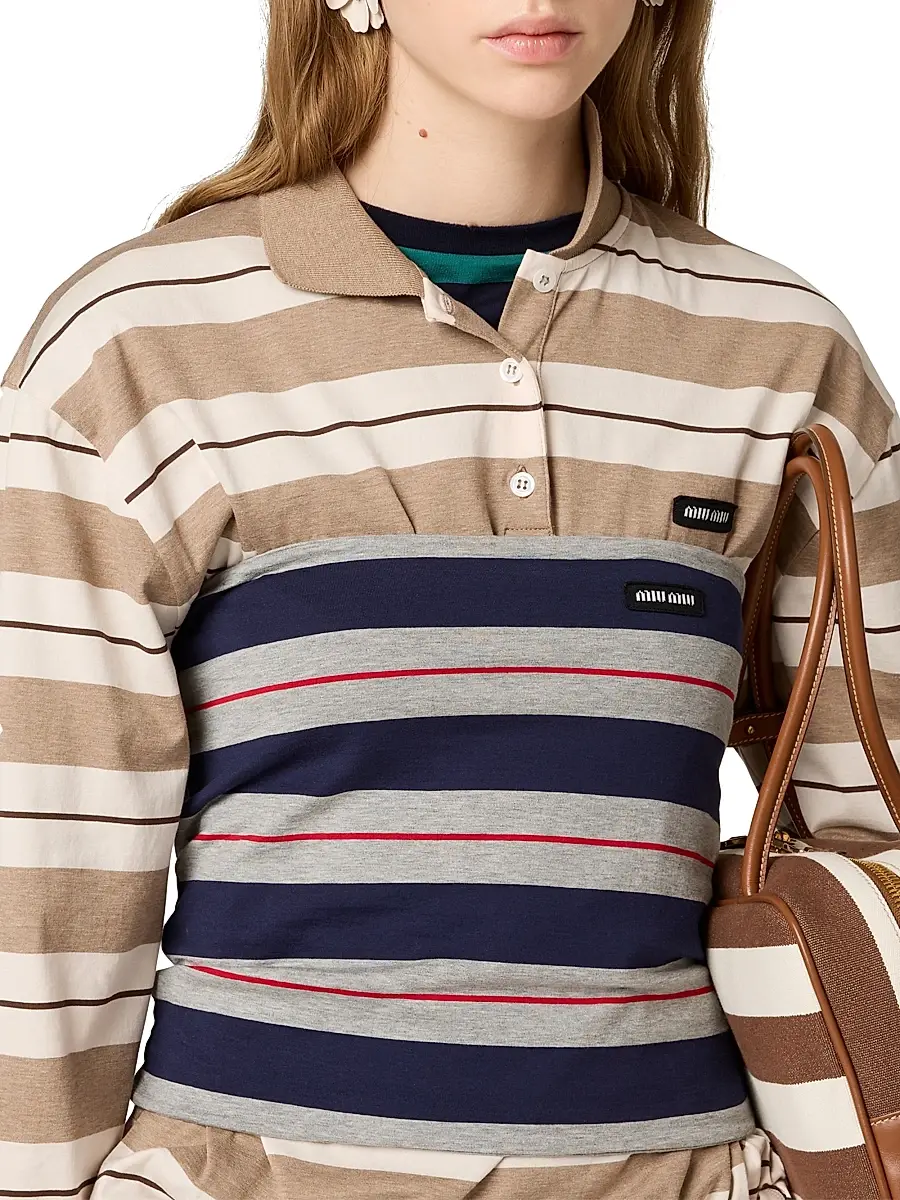 Miu Miu Women's Cotton Jersey Polo T-Shirt - Beige Multi | Thumbnail 4 Miu Miu Women's Cotton Jersey Polo T-Shirt - Beige Multi | Thumbnail 4