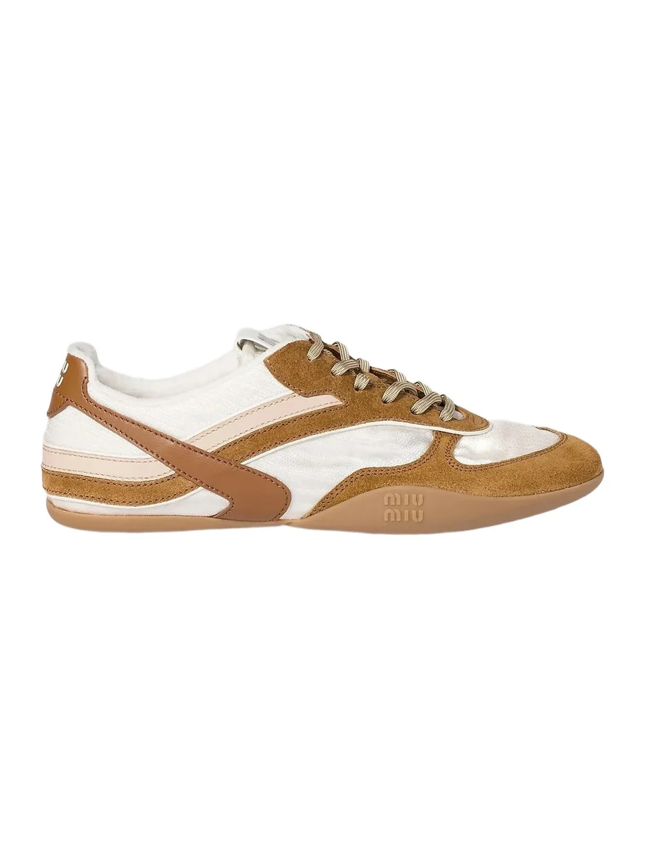 Miu Miu Women's Gymnasium Technical Fabric and Suede Sneakers - Beige Khaki White