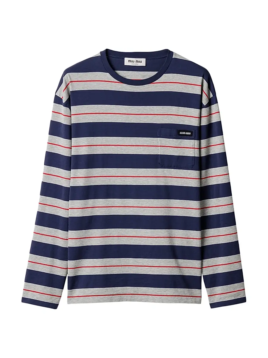 Miu Miu Women's Long-Sleeved Cotton Jersey T-Shirt - Grey Multi | Image 1 Miu Miu Women's Long-Sleeved Cotton Jersey T-Shirt - Grey Multi | Image 1