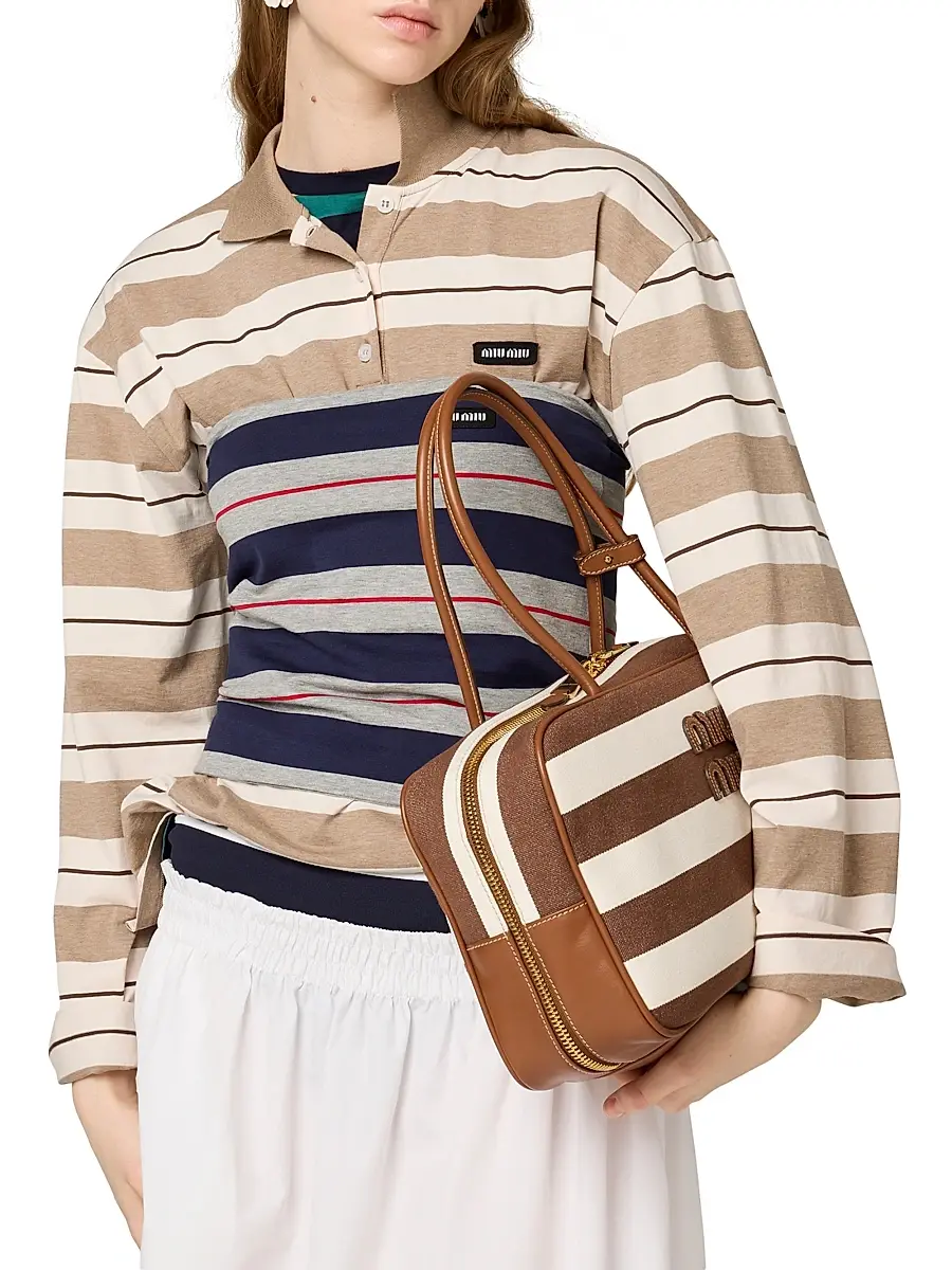Miu Miu Women's Beau Canvas and Leather Shoulder Bag - Brown White | Thumbnail 2 Miu Miu Women's Beau Canvas and Leather Shoulder Bag - Brown White | Thumbnail 2