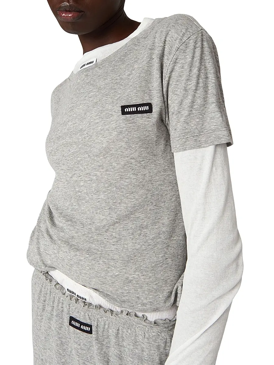 Miu Miu Women's Ribbed Jersey T-Shirt - Grey | Thumbnail 4