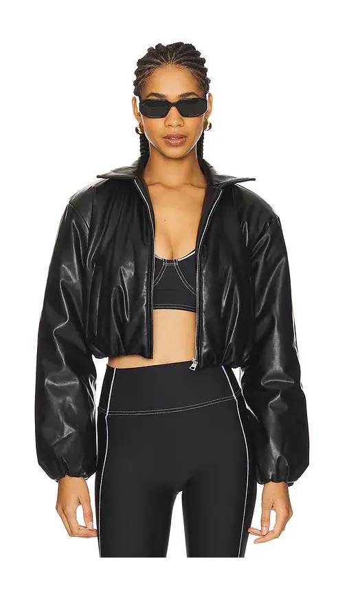 alo Faux Leather Cropped Premier Bomber Jacket | Image 1 alo Faux Leather Cropped Premier Bomber Jacket | Image 1
