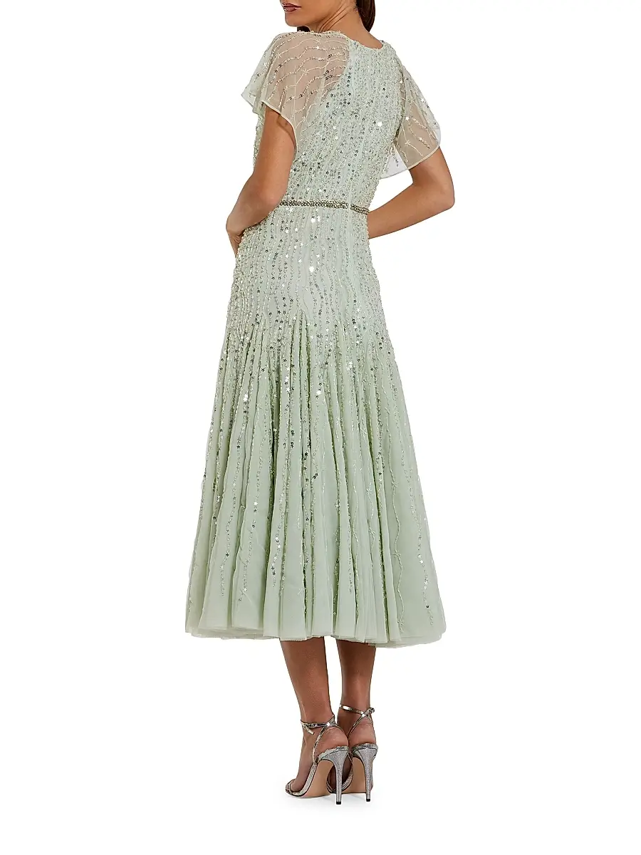 Mac Duggal Women's Beaded Mesh Flutter-Sleeve Cocktail Dress | Thumbnail 2 Mac Duggal Women's Beaded Mesh Flutter-Sleeve Cocktail Dress | Thumbnail 2