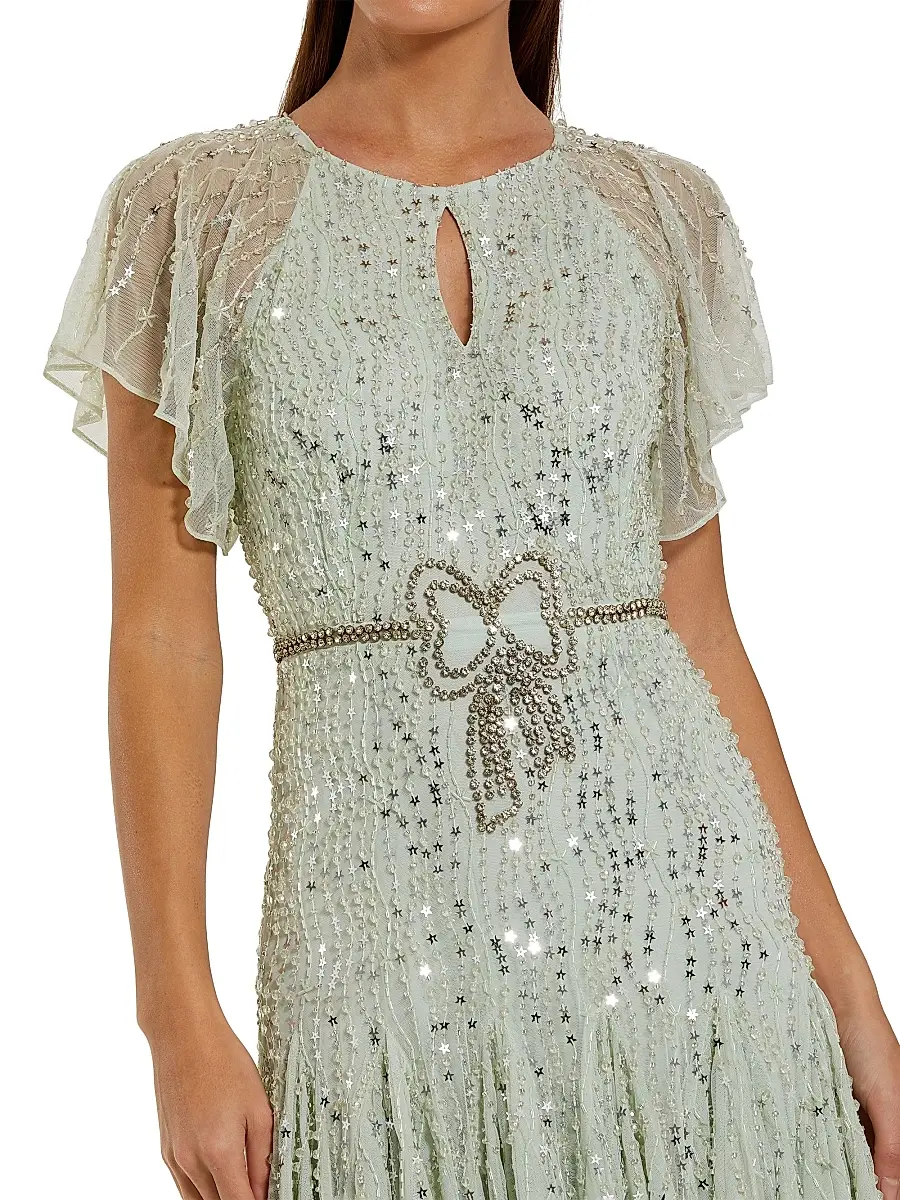 Mac Duggal Women's Beaded Mesh Flutter-Sleeve Cocktail Dress | Thumbnail 3 Mac Duggal Women's Beaded Mesh Flutter-Sleeve Cocktail Dress | Thumbnail 3
