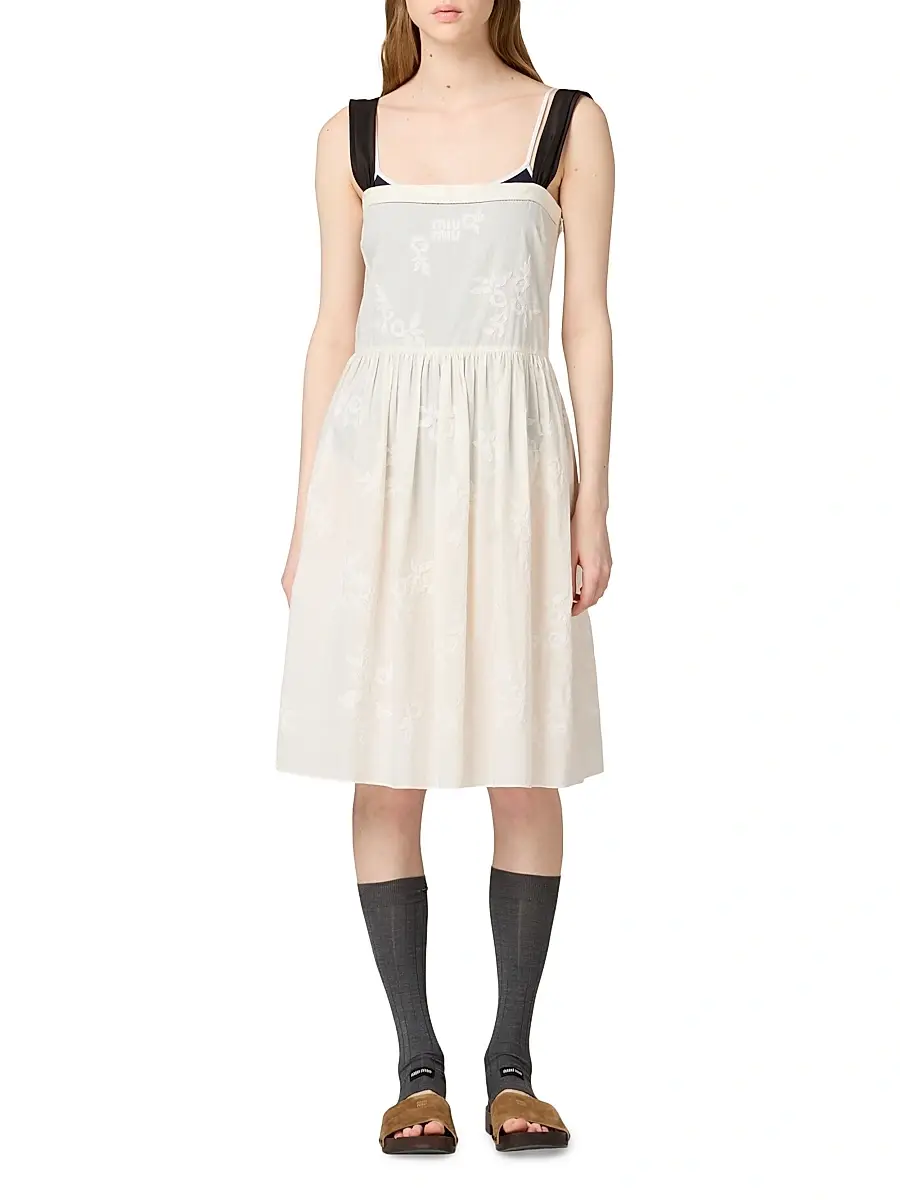 Miu Miu Women's Embroidered Batiste Dress - Beige | Thumbnail 2 Miu Miu Women's Embroidered Batiste Dress - Beige | Thumbnail 2