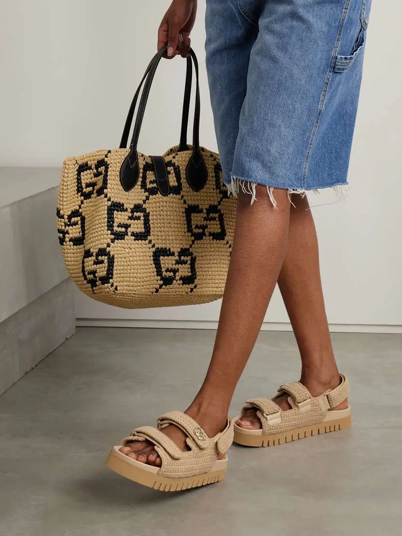 Gucci New Marmont Leather-trimmed Embellished Crocheted Cotton Platform Sandals | Thumbnail 2 Gucci New Marmont Leather-trimmed Embellished Crocheted Cotton Platform Sandals | Thumbnail 2