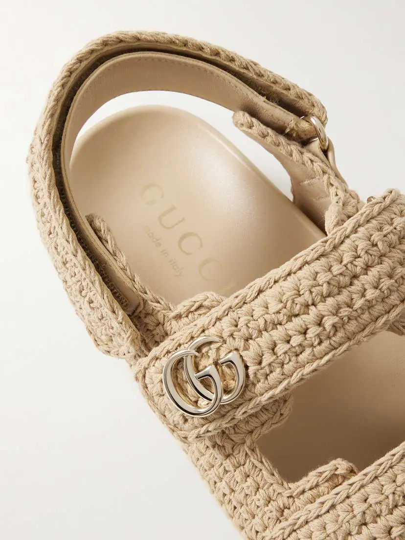 Gucci New Marmont Leather-trimmed Embellished Crocheted Cotton Platform Sandals | Thumbnail 4 Gucci New Marmont Leather-trimmed Embellished Crocheted Cotton Platform Sandals | Thumbnail 4