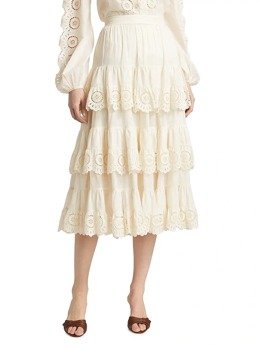 Zimmermann Women's Lucky Embroidered Tiered Cotton Midi-Skirt | Thumbnail 3 Zimmermann Women's Lucky Embroidered Tiered Cotton Midi-Skirt | Thumbnail 3