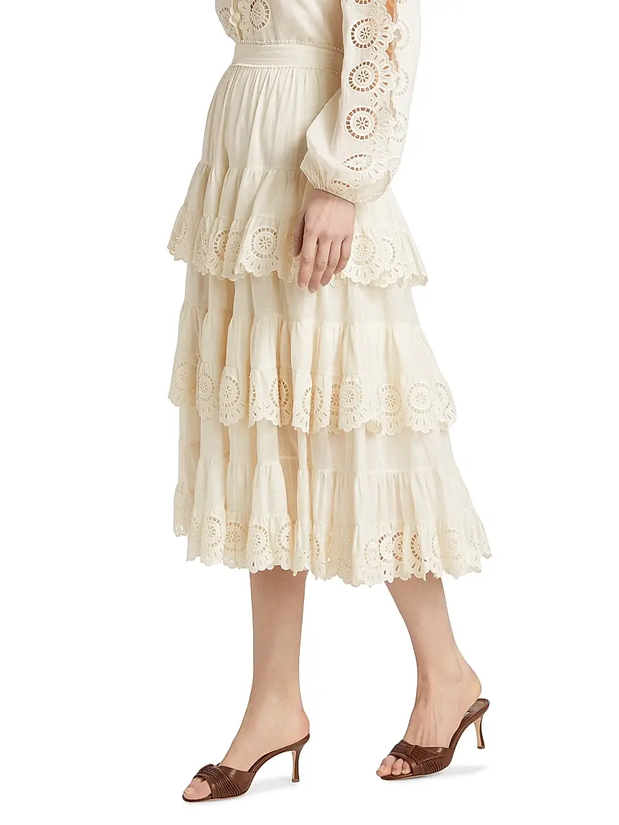 Zimmermann Women's Lucky Embroidered Tiered Cotton Midi-Skirt | Thumbnail 4 Zimmermann Women's Lucky Embroidered Tiered Cotton Midi-Skirt | Thumbnail 4