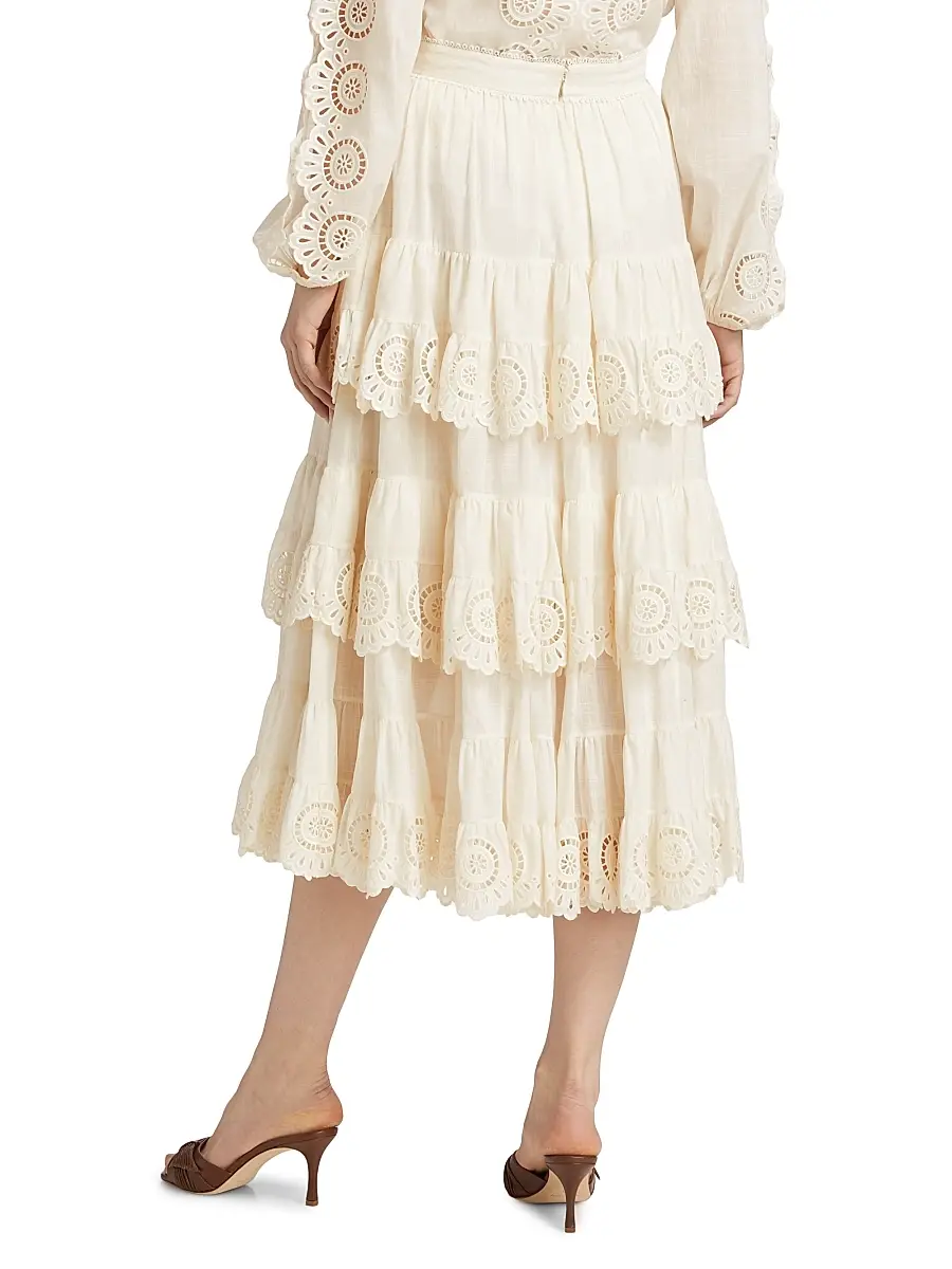 Zimmermann Women's Lucky Embroidered Tiered Cotton Midi-Skirt | Thumbnail 5 Zimmermann Women's Lucky Embroidered Tiered Cotton Midi-Skirt | Thumbnail 5