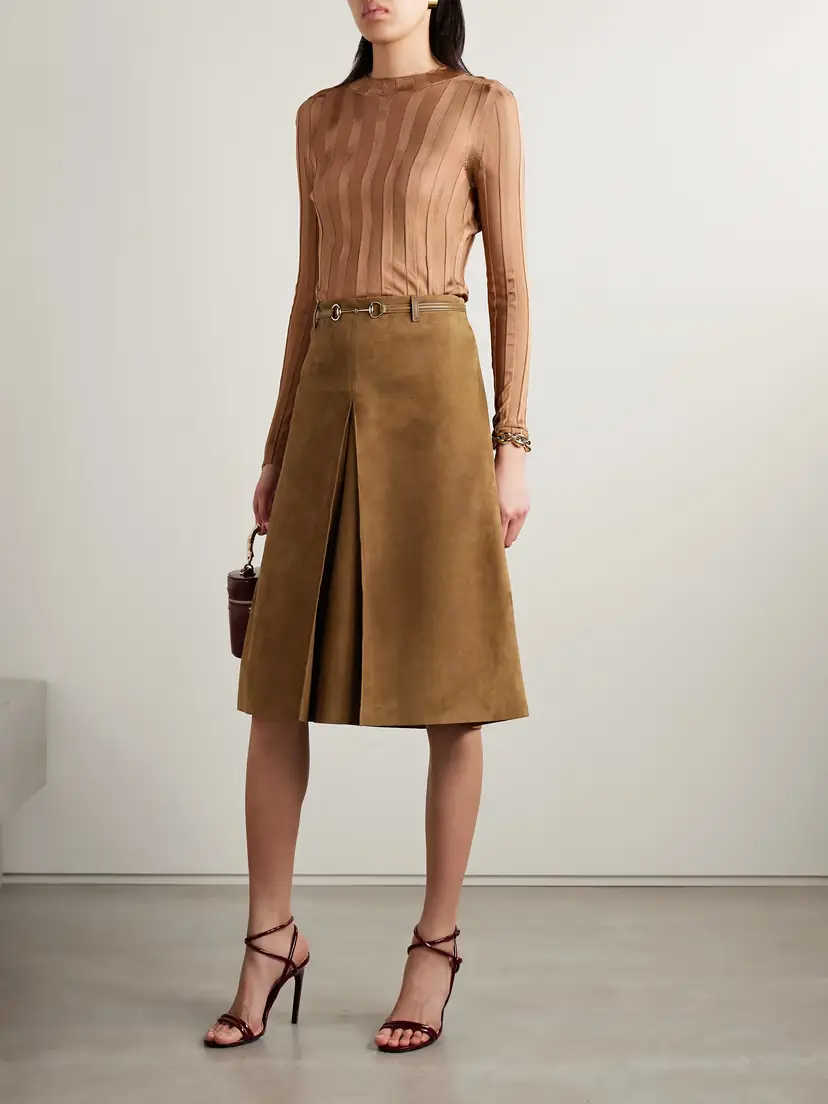 Gucci Horsebit-detailed Leather-trimmed Pleated Suede Midi Skirt | Thumbnail 2 Gucci Horsebit-detailed Leather-trimmed Pleated Suede Midi Skirt | Thumbnail 2